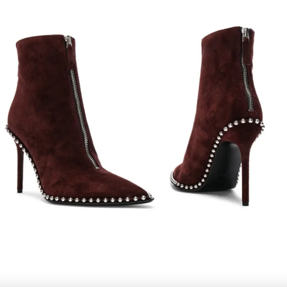 Alexander Wang cranberry maroon wine red suede studded Eri stiletto ankle boots